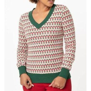 UNIQUE VINTAGE XS white green tulip floral fair Isle 1970 Retro Sweater NWT B51